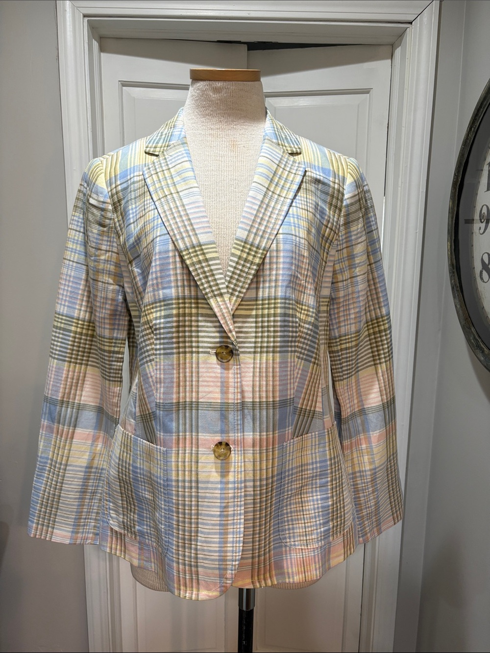 Talbots sz 12 pastel plaid linen and cotton blend blazer